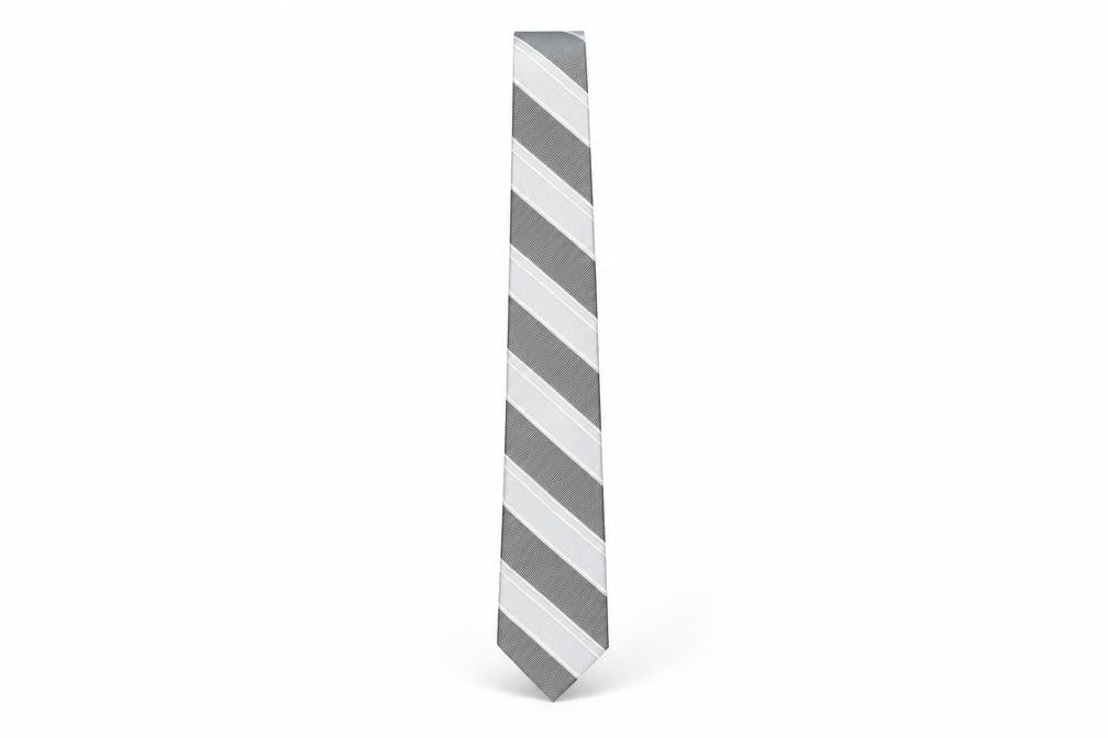 Front view of Jeff Banks Men's Silver Striped Silk Slim Tie