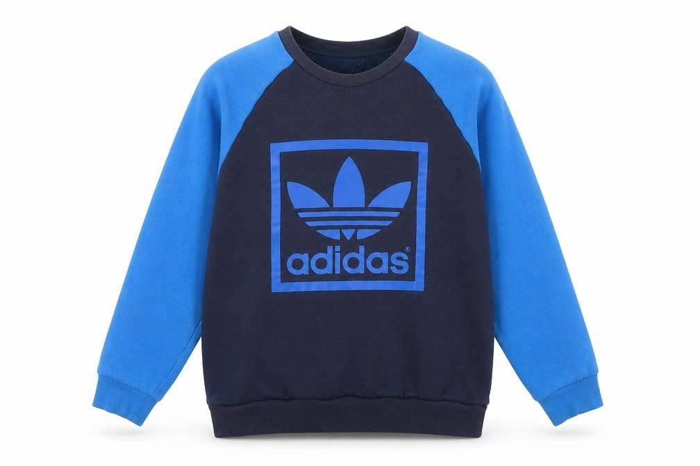 Front view of Adidas boys’ blue sweatshirt 13-14y pullover logo