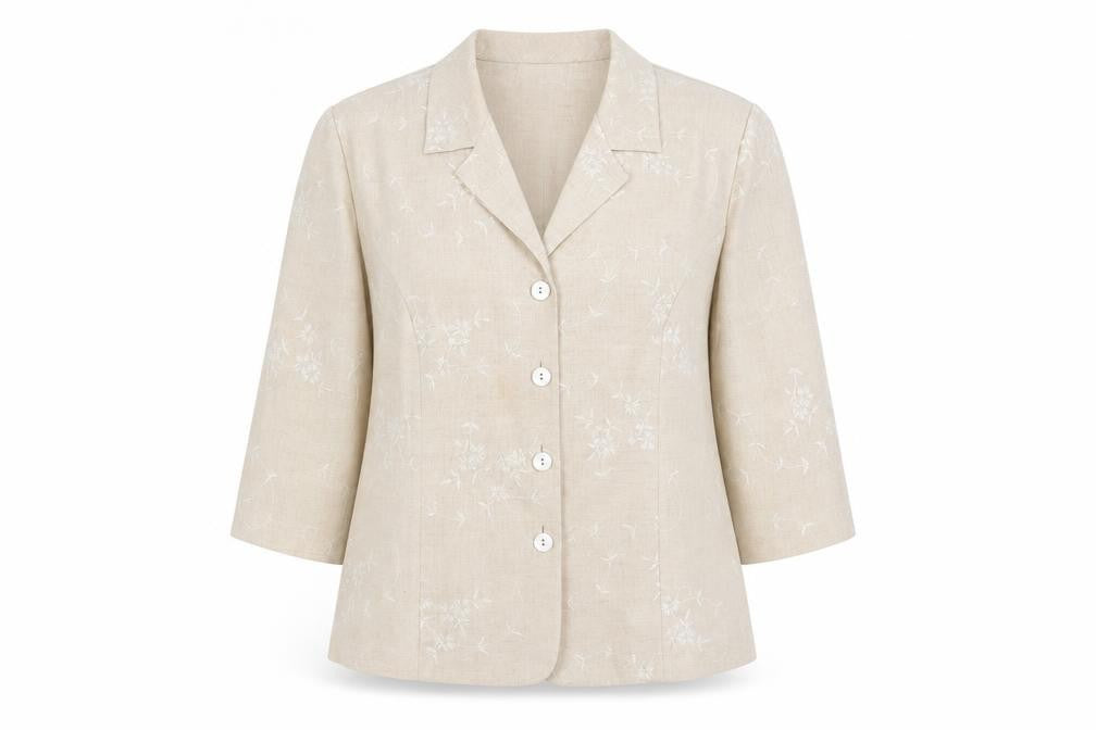 Front view of Eastex Beige Women's Blazer, size 14, Floral Pattern
