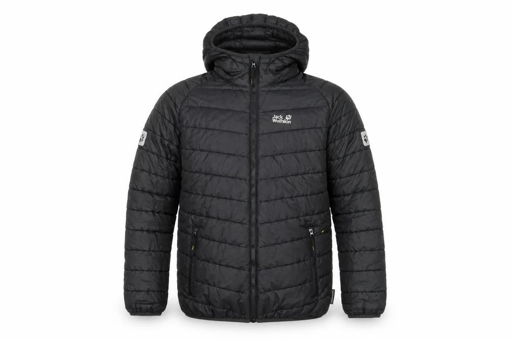 Front view of Jack Wolfskin boys’ black puffer jacket 8-9yrs hooded