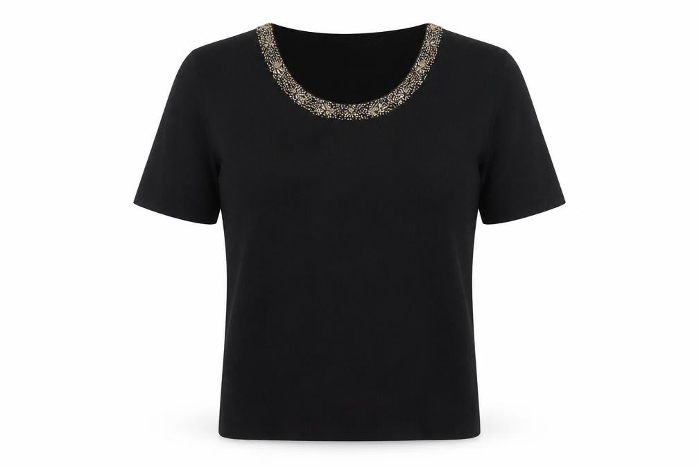 Front view of Eastex Women's Black Beaded Knit Top, size 12