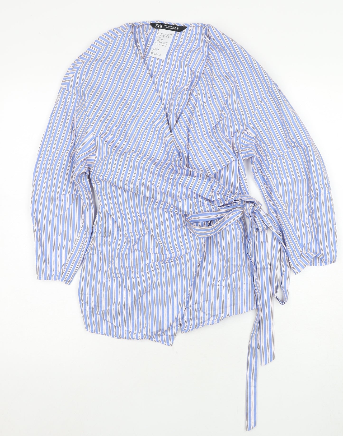 Zara Women's Blue Striped Wrap Blouse Size 6