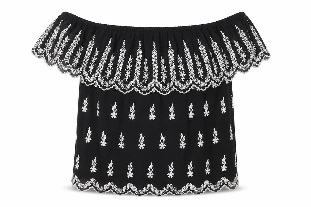 Front view of River Island Women's Black Off Shoulder Embroidered Blouse