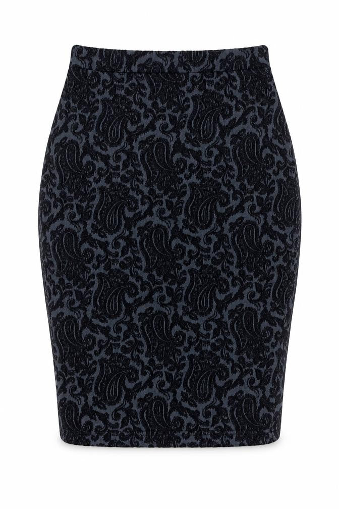 Front view of Warehouse Women's Black Paisley Pencil Skirt, size 8