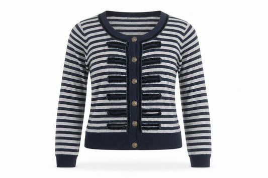 Front view of Warehouse Women's Multicoloured Striped Cardigan, size 14