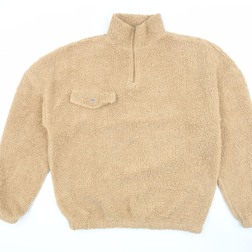 Boohoo Women's Beige Fleece Jacket M Casual 1/2 Zip