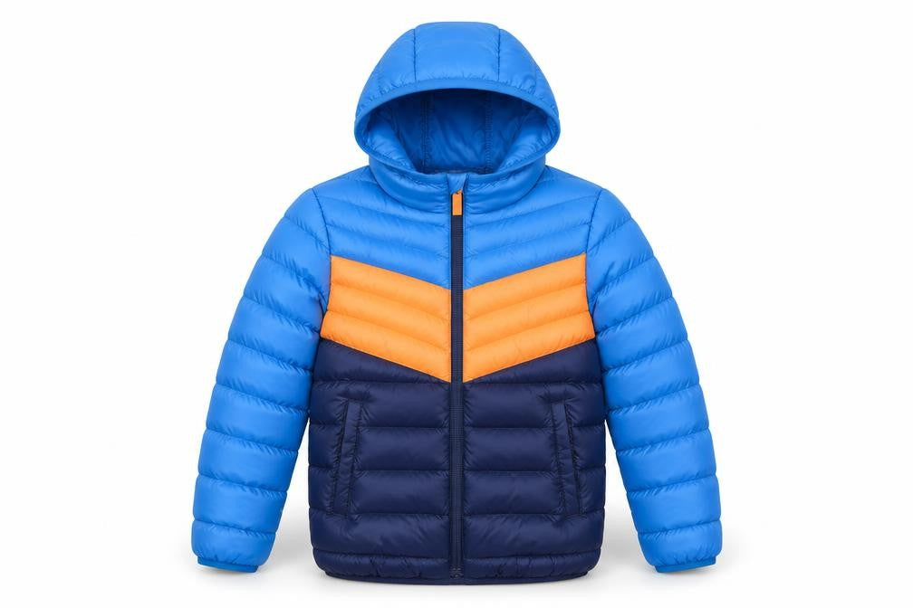 Front view of Mountain Warehouse boys’ blue puffer jacket 3-4 years