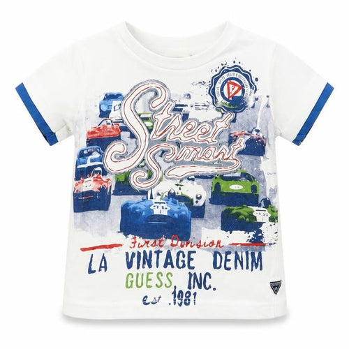 Guess Boys' White T-Shirt, 12 Months, Cars Graphic