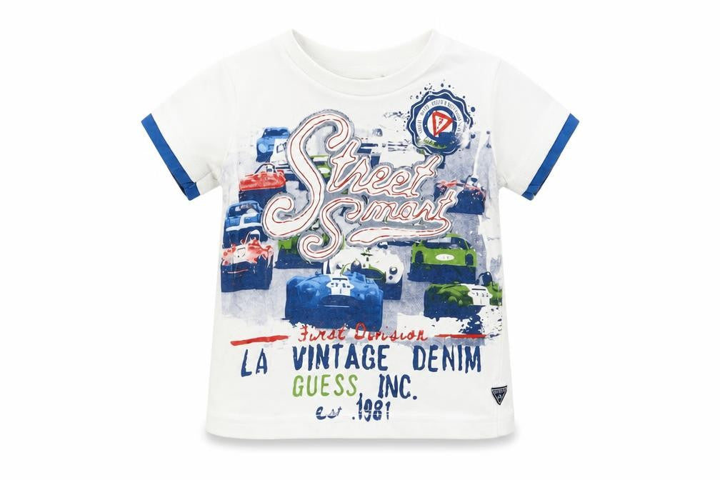 Guess Boys' White T-Shirt, 12 Months, Cars Graphic