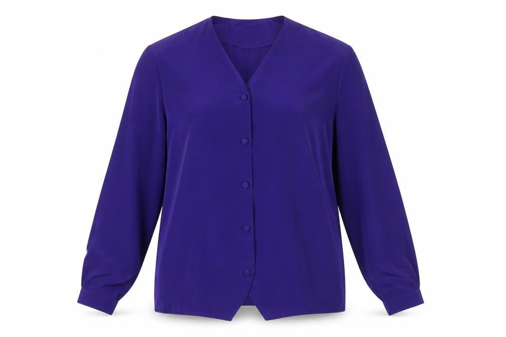 Front view of Alexon Women's Purple Blouse, size 10, V-Neck, Long Sleeve