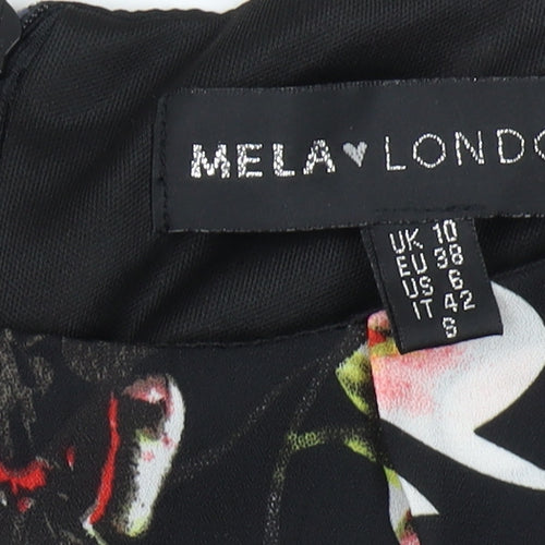 Mela London Women's Black Floral A-Line Dress, Size 10