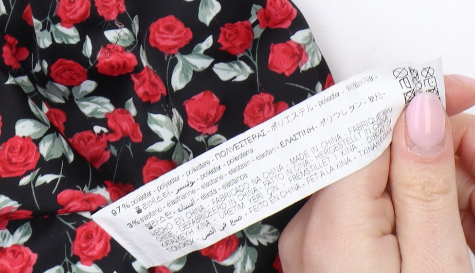 Zara Women's Black Floral High Neck Tunic Blouse Size 12