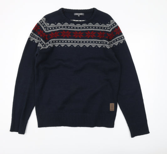 Crosshatch Men's Blue Fair Isle Pullover Jumper L