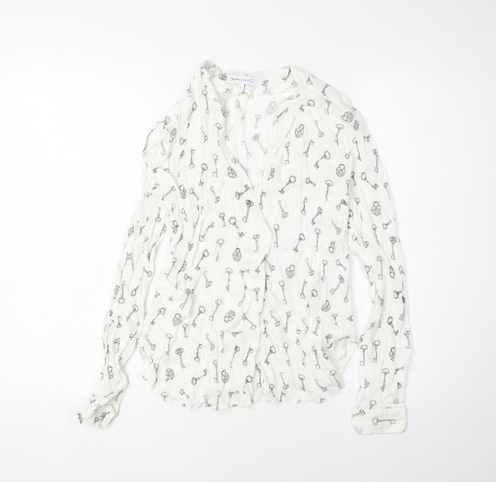Warehouse Women's White Geometric V-Neck Blouse Size 10