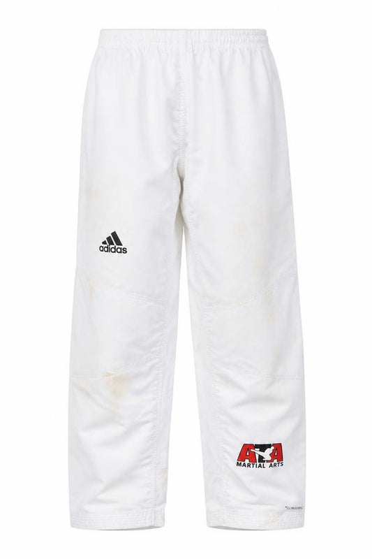 Front view of Adidas unisex kids white jogger martial arts trousers 16 years