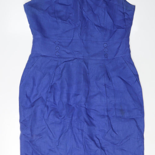 Hobbs Women's Blue Sheath Dress Size 14 Linen Sleeveless