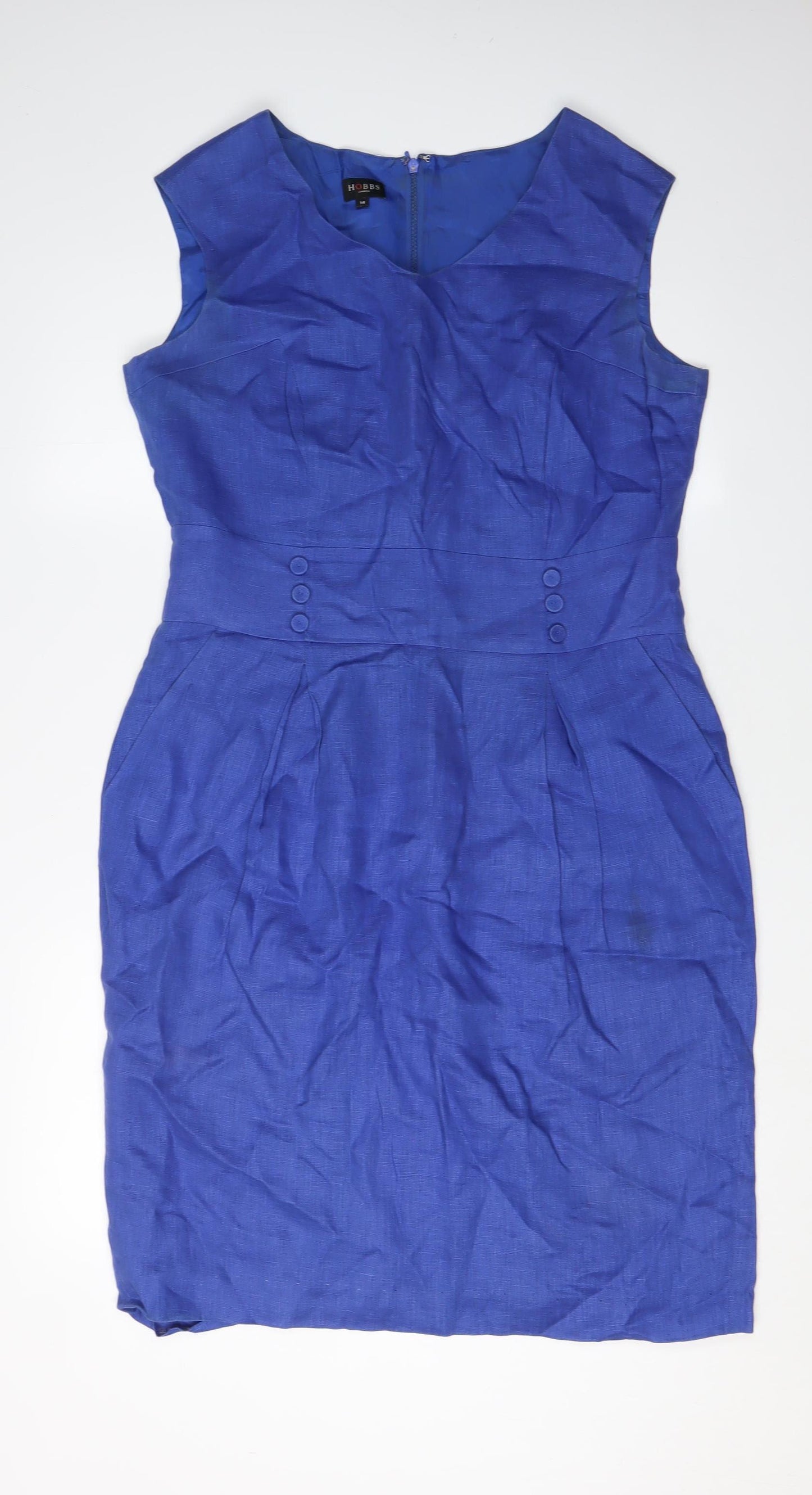 Hobbs Women's Blue Sheath Dress Size 14 Linen Sleeveless