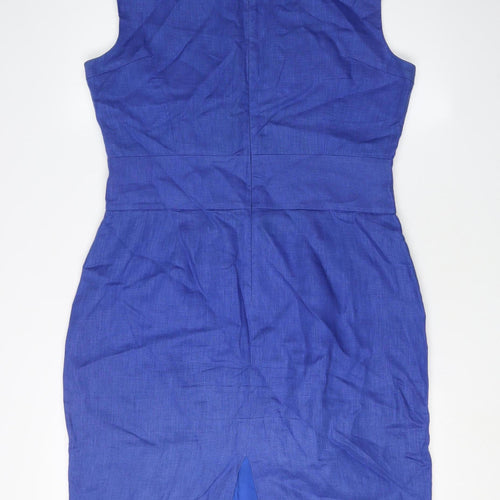 Hobbs Women's Blue Sheath Dress Size 14 Linen Sleeveless