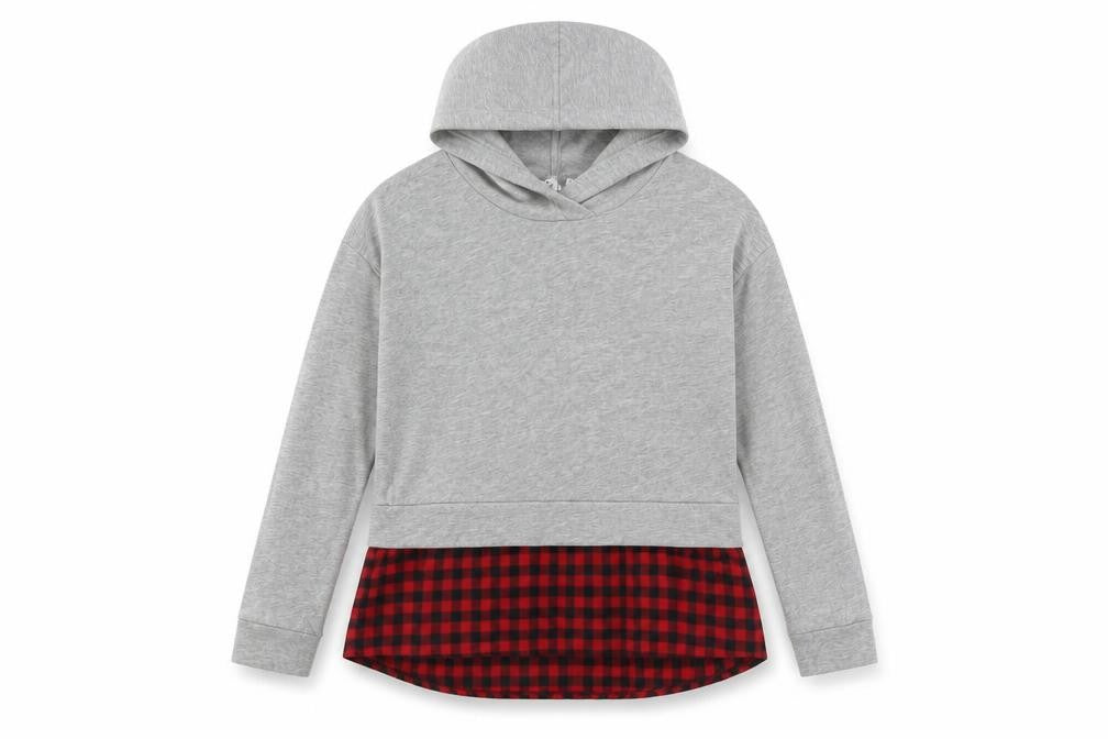 Front view of Gap girls’ grey hoodie pullover 8-9 years check pattern