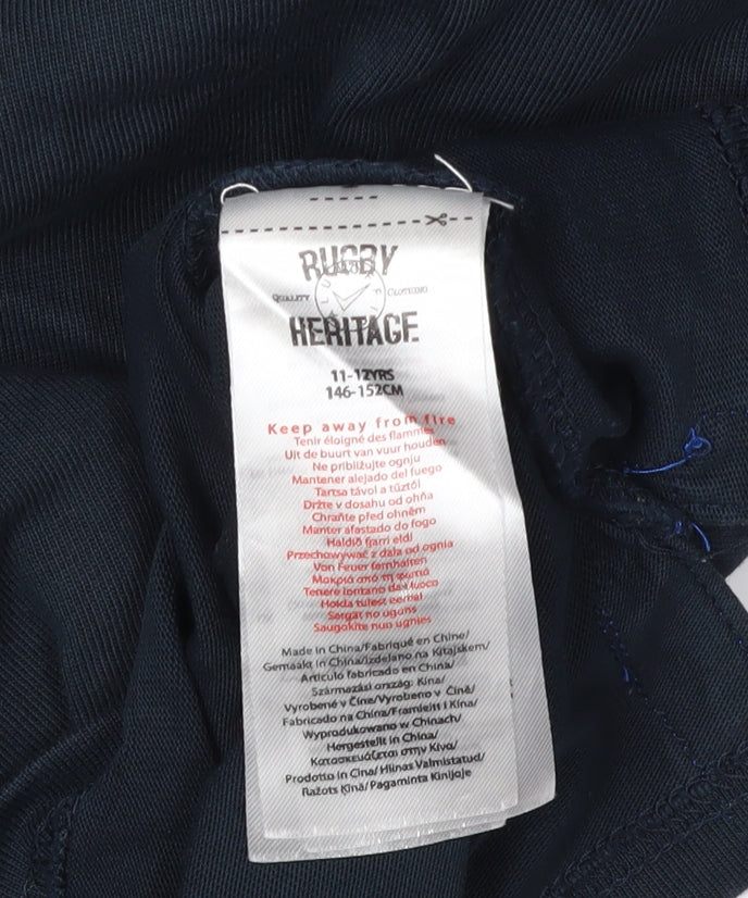 Rugby Heritage Boys Blue Polo - Long Sleeve Cotton Size 11-12