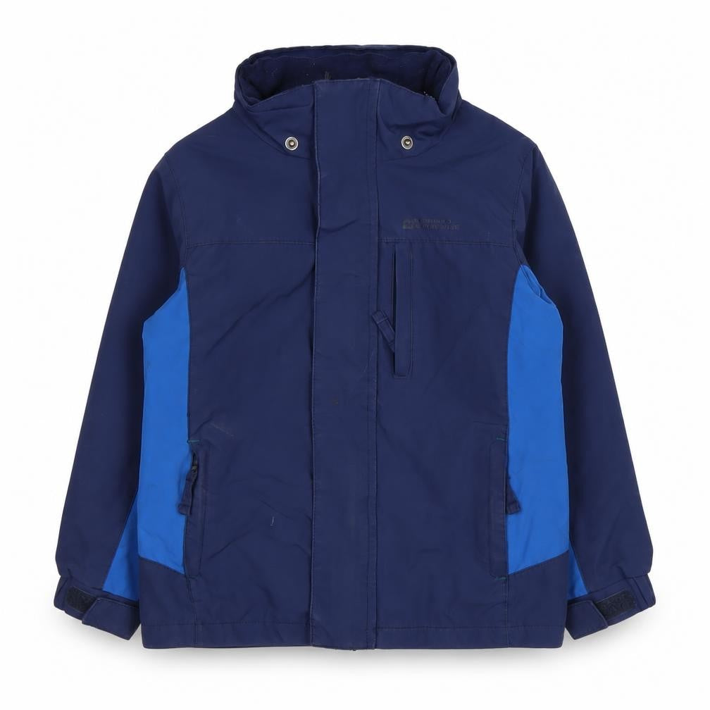 Front view of Mountain Warehouse boys’ blue waterproof jacket, size 3-4, years