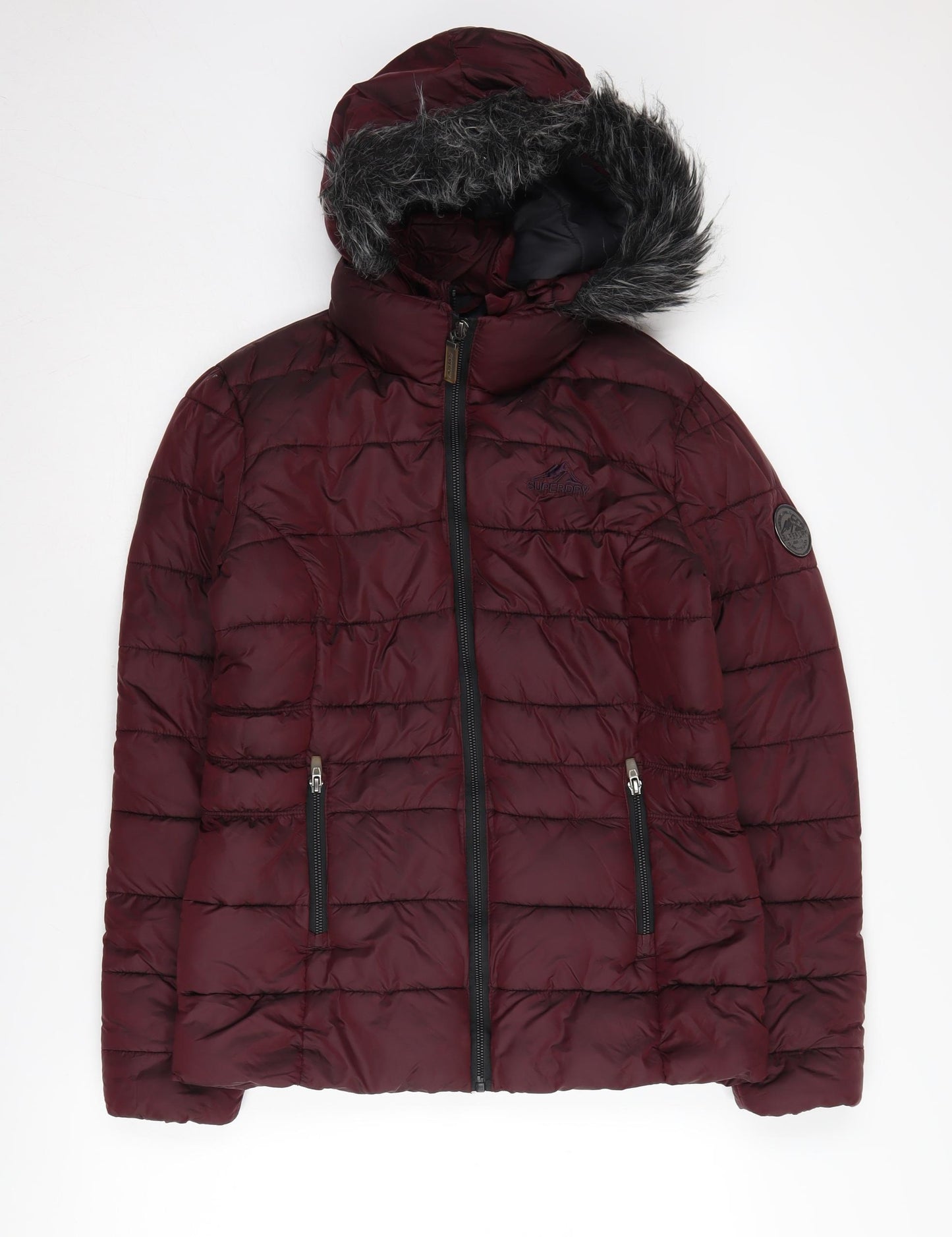 Superdry Women's Red Puffer Jacket Size 10 Hooded