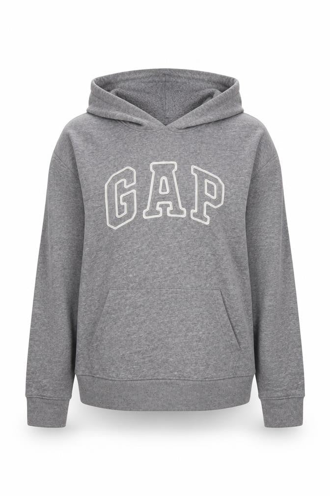 Front view of Gap unisex grey logo pullover hoodie, size M