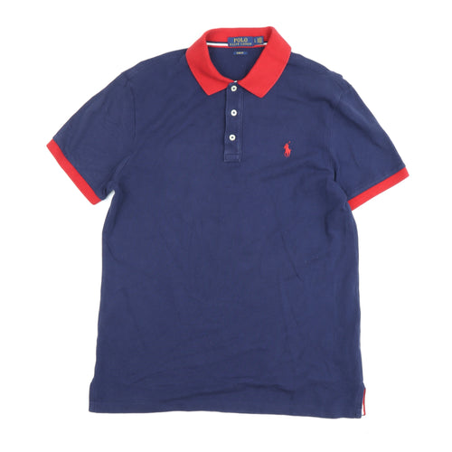 Ralph Lauren Men's Blue Polo Slim Fit, Red Collar, Size L