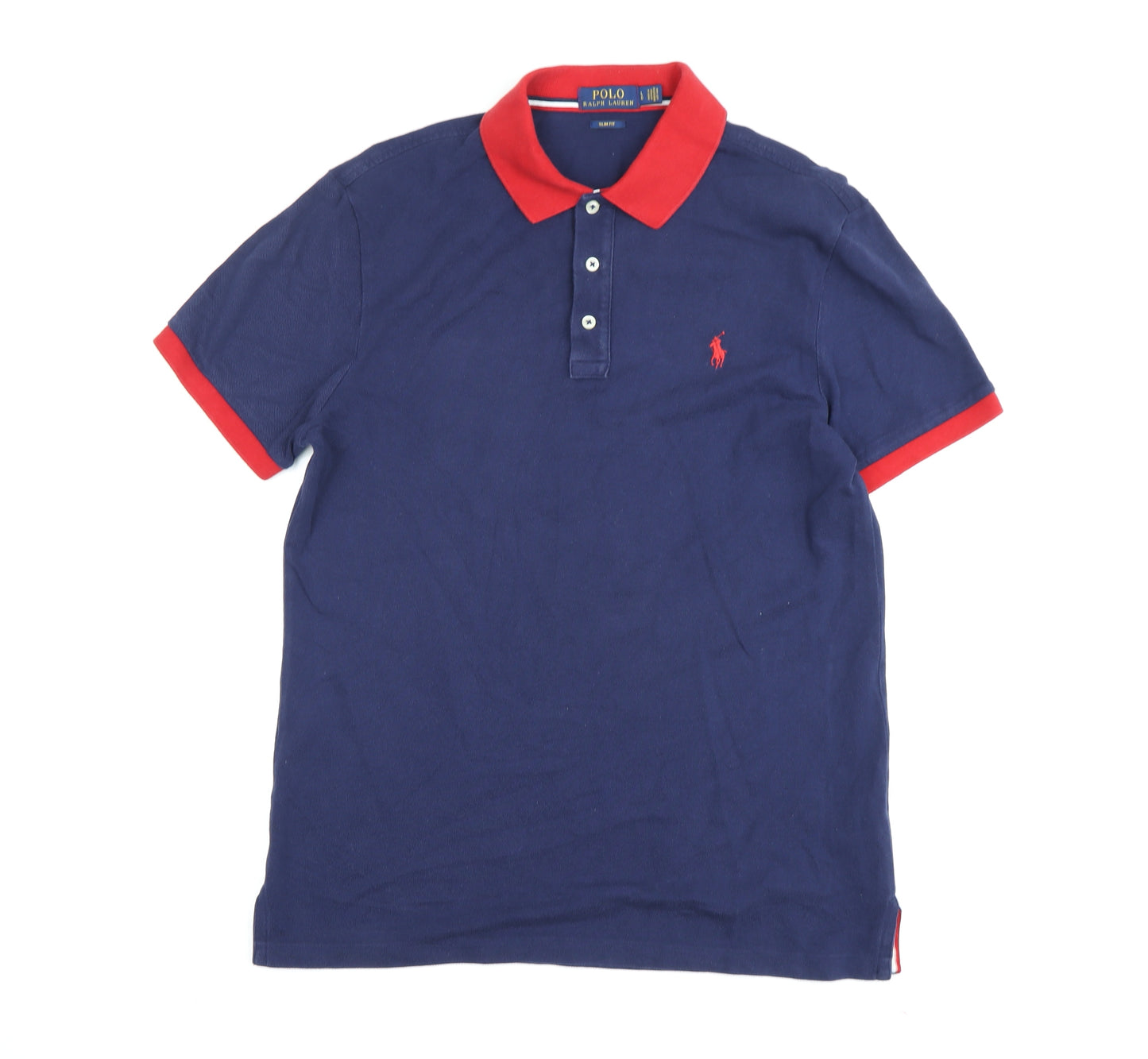Ralph Lauren Men's Blue Polo Slim Fit, Red Collar, Size L