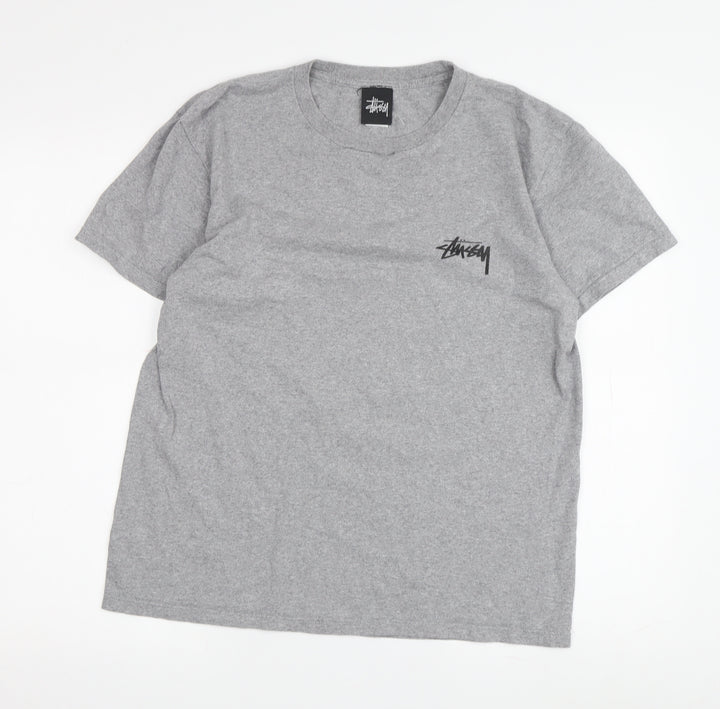 Stussy Men's Grey Graphic Print Crew Neck T-Shirt M