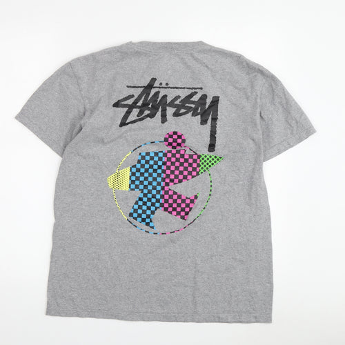 Stussy Men's Grey Graphic Print Crew Neck T-Shirt M