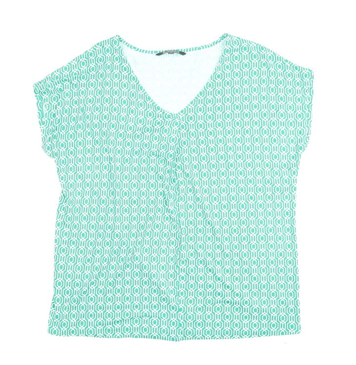 Bonmarché Women's Green Geometric V-Neck T-Shirt