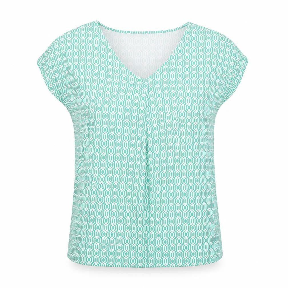 Front view of Bonmarché Women's Green Geometric V-Neck T-Shirt
