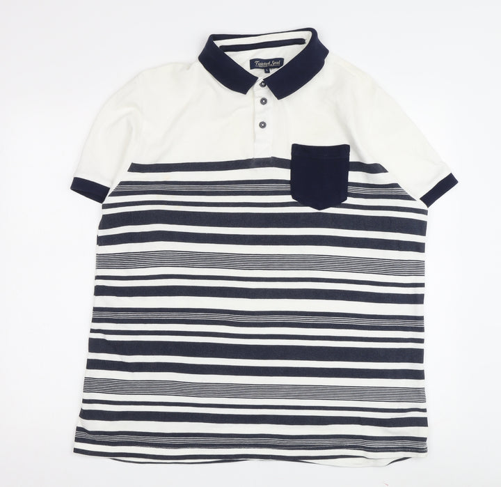 Twisted Soul Men's White Striped Polo Shirt L
