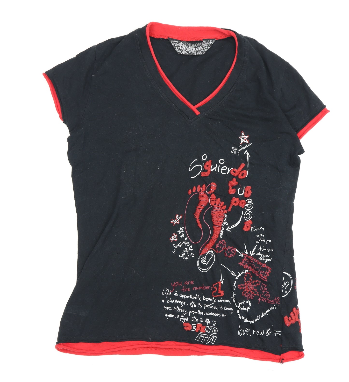 Desigual Women's Black XL V-Neck Graphic T-Shirt