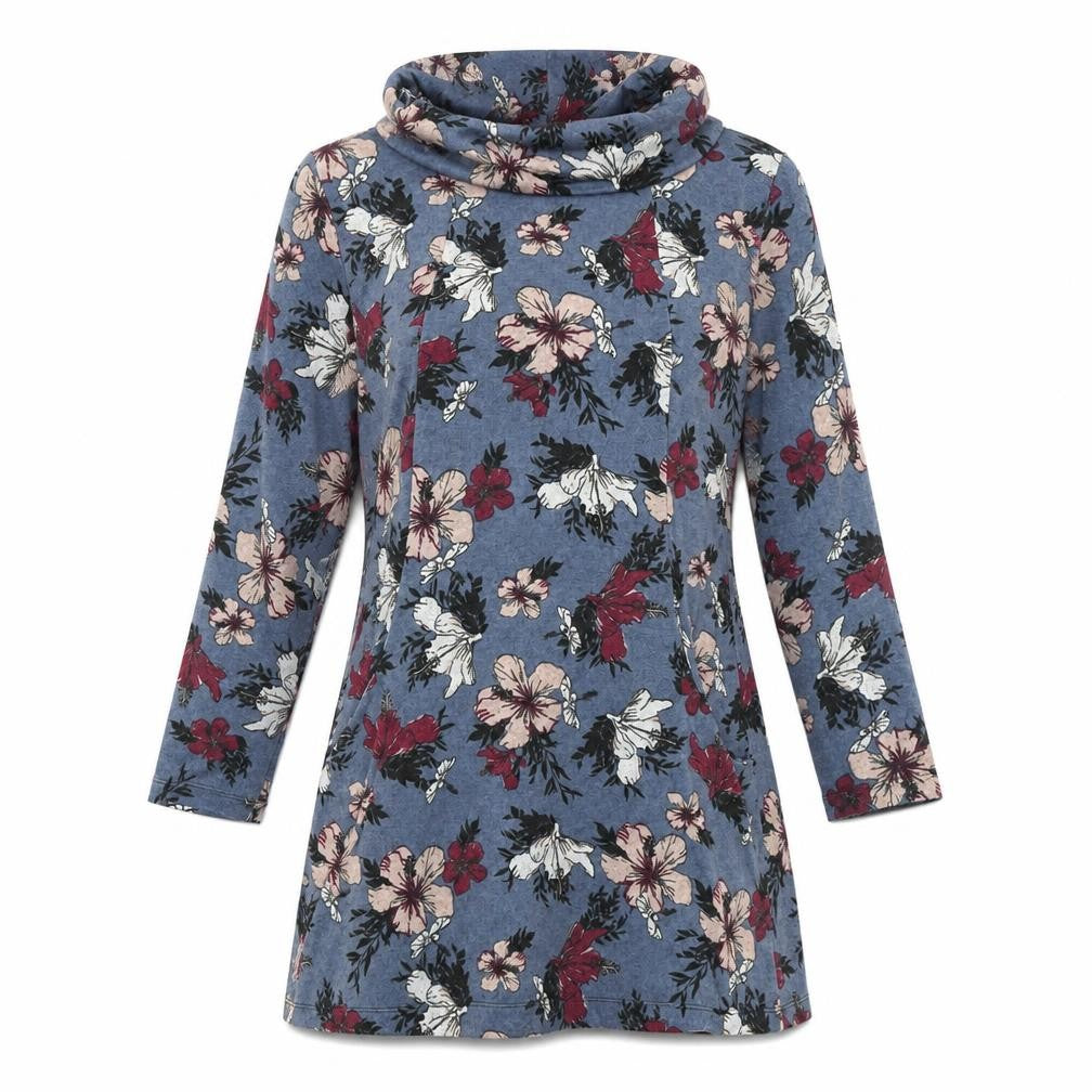 Front view of Jessica Graaf Women's Blue Floral Tunic, Long Sleeve, M