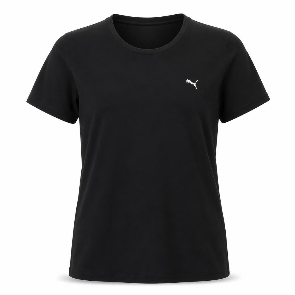 Front view of Puma unisex black t-shirt, size 14, moisture wicking