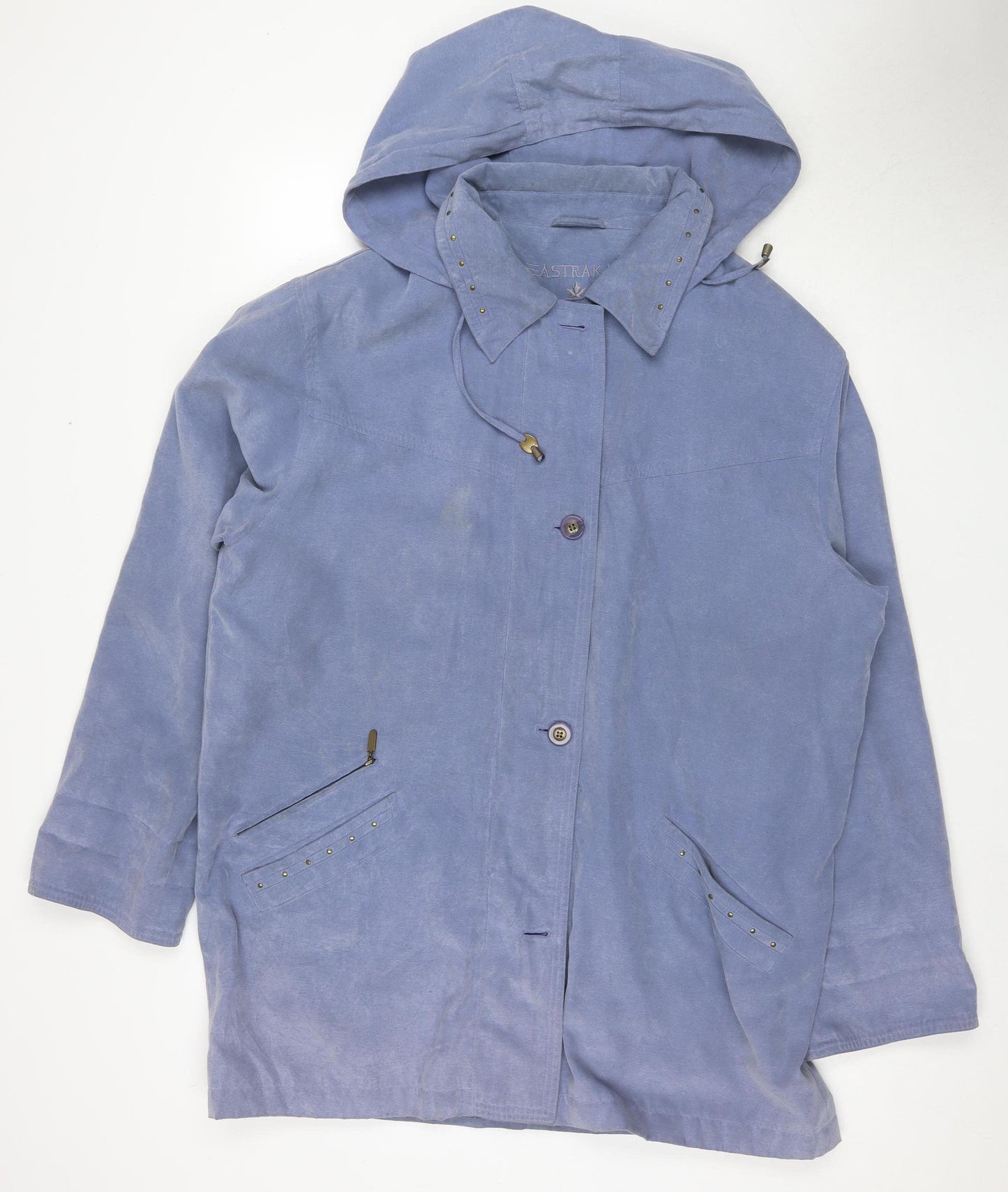 Astraka Women's Blue Rain Coat, L - Hooded, Logo, Button