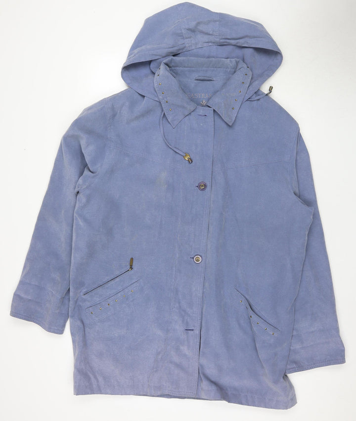 Astraka Women's Blue Rain Coat, L - Hooded, Logo, Button