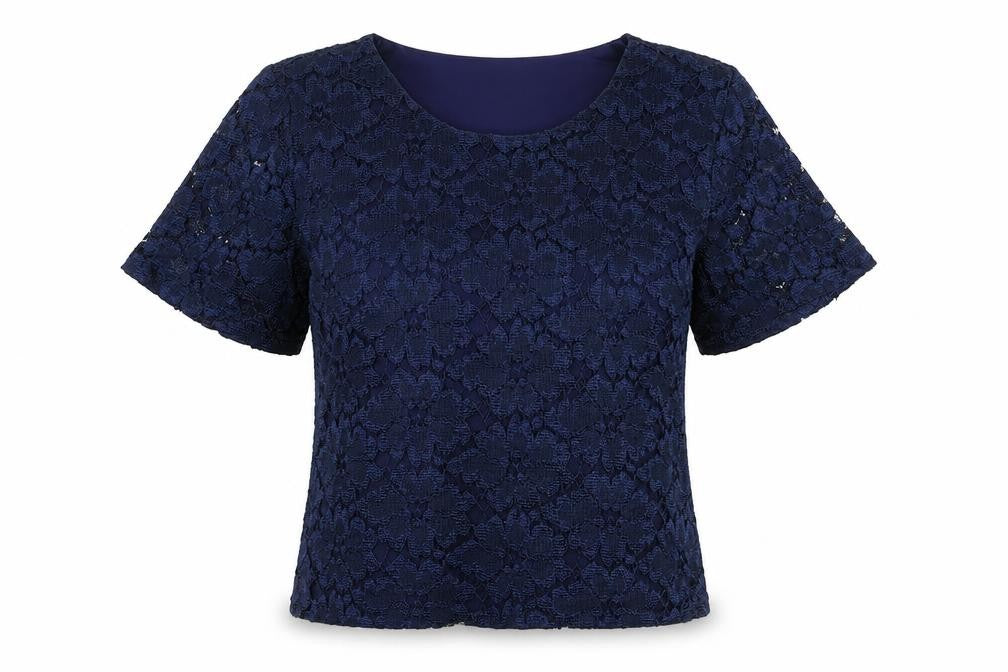 Front view of Eastex Women's Blue Lace Short Sleeve Top, size 12