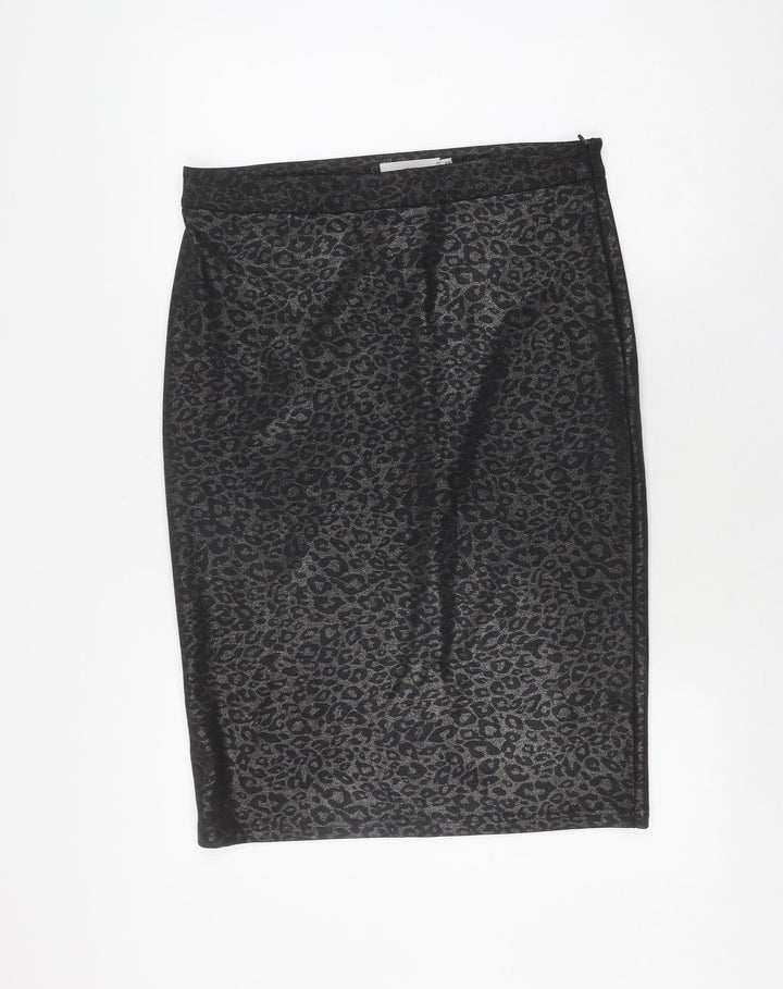 ICHI Women's Black Animal Print Pencil Skirt L