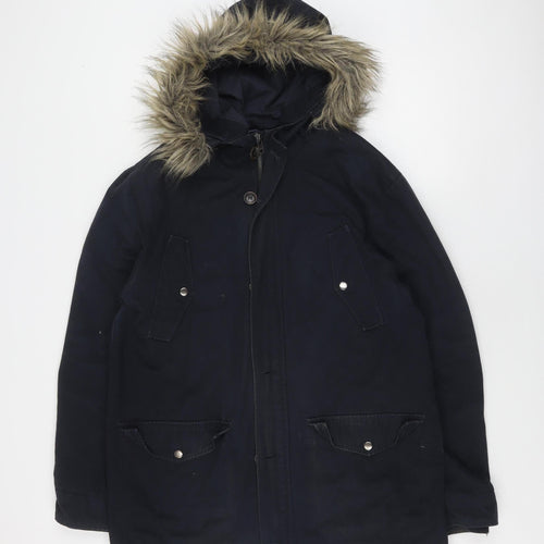 Topman Unisex Black Parka L with Hooded Fur Trim