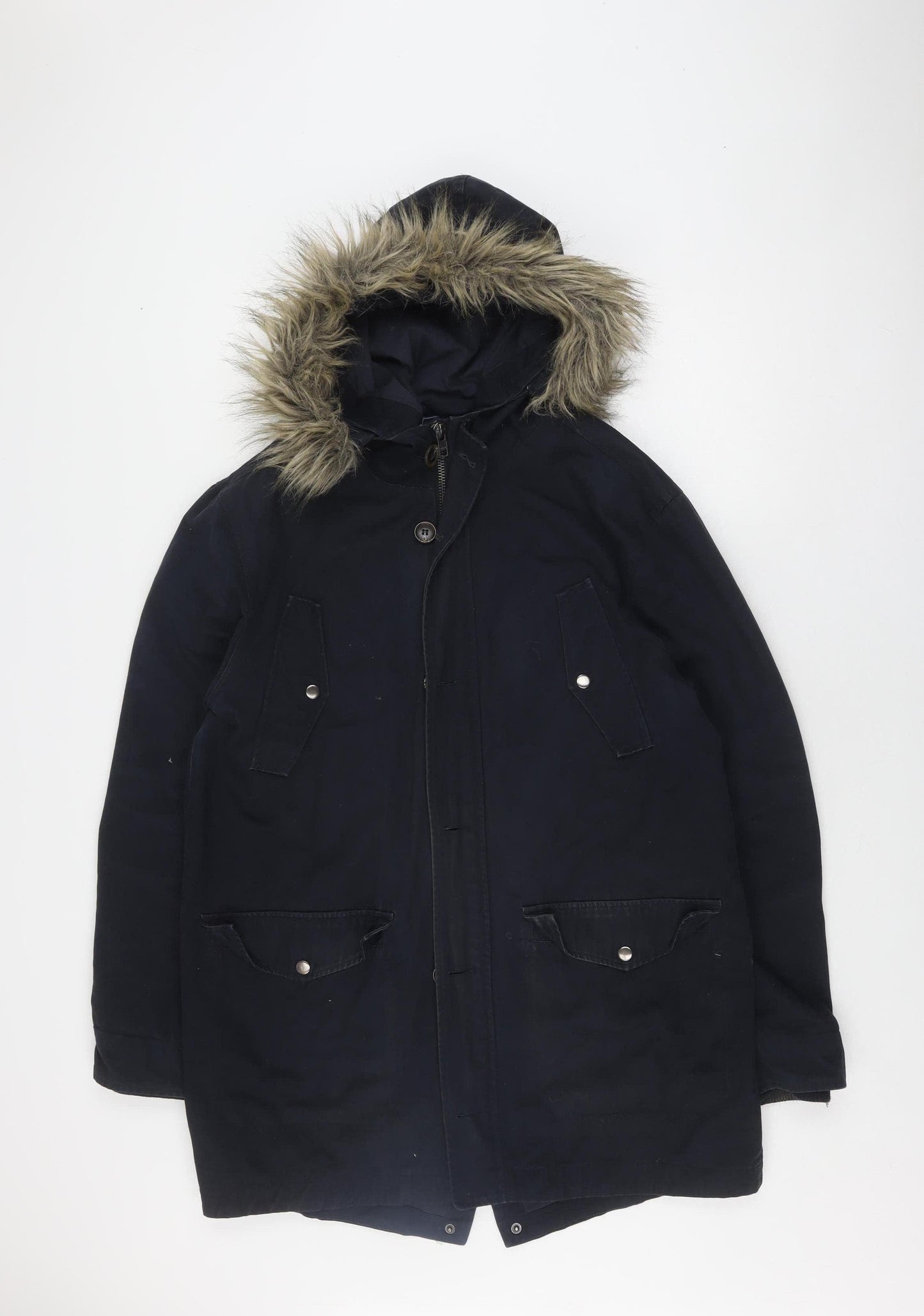 Topman Unisex Black Parka L with Hooded Fur Trim