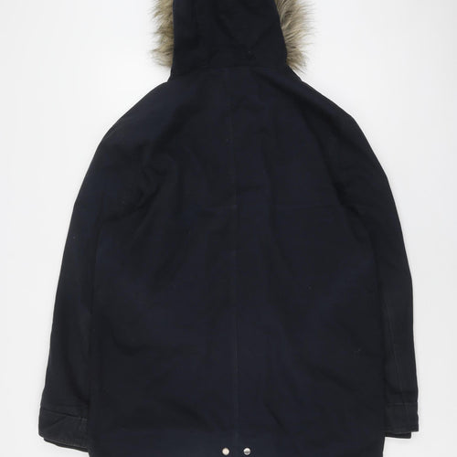 Topman Unisex Black Parka L with Hooded Fur Trim
