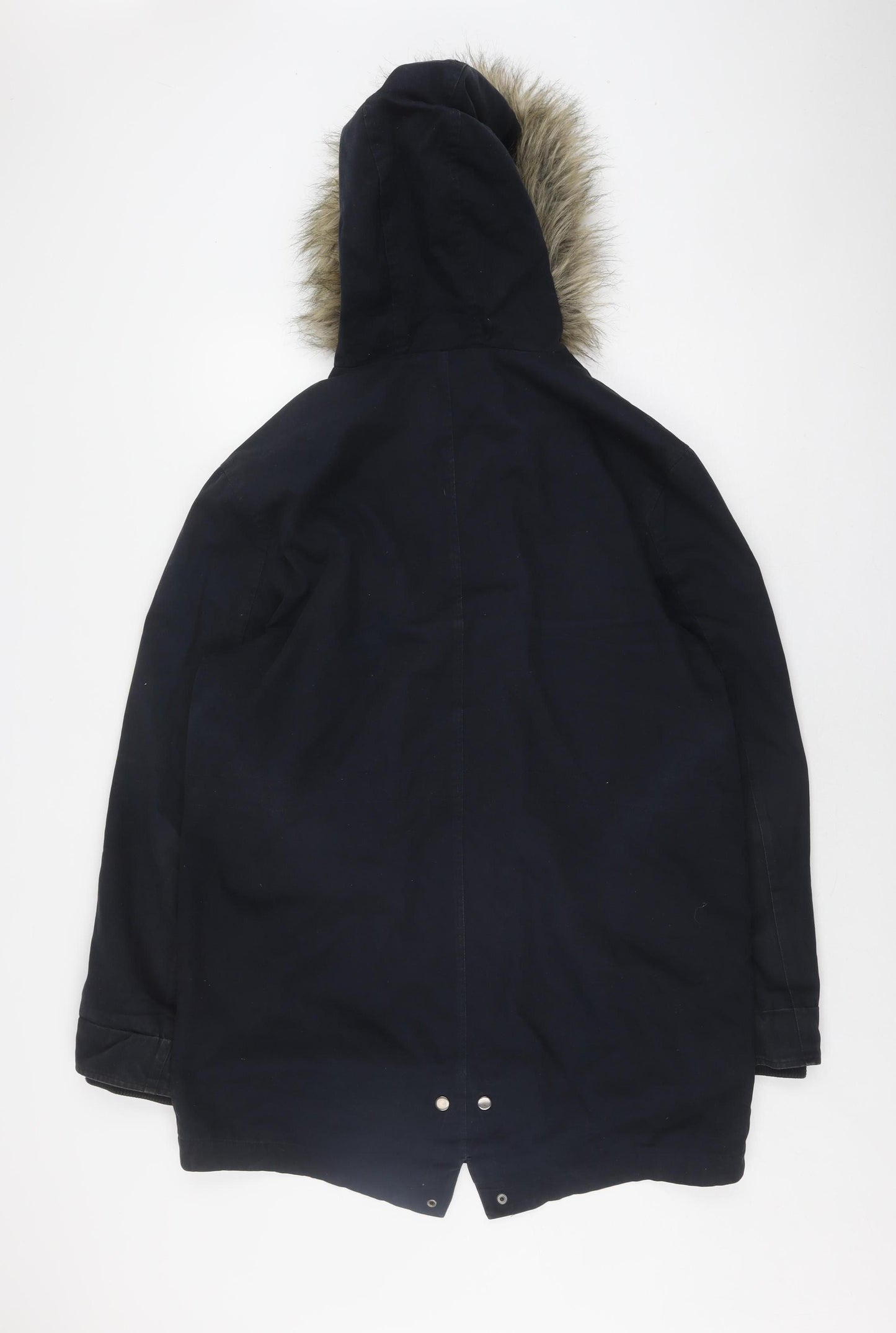 Topman Unisex Black Parka L with Hooded Fur Trim
