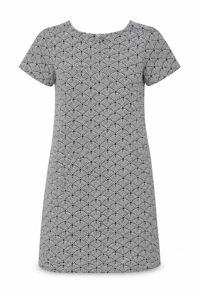 Front view of White Stuff Women's Black & White Geometric Shift Dress, size 8