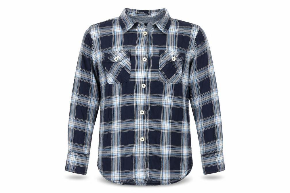 Front view of SoulCal boys’ blue plaid button-up shirt 7-8 years