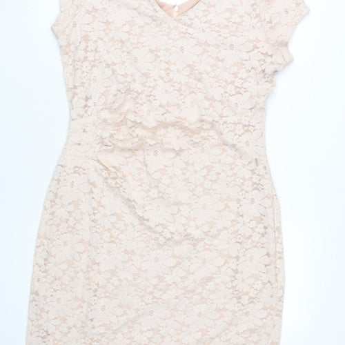 Laura Ashley Women's Beige Lace V-Neck Cap Sleeve Sheath Dress