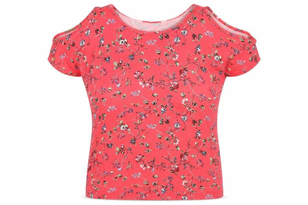Front view of s.Oliver Women's Red Floral Cold Shoulder Top