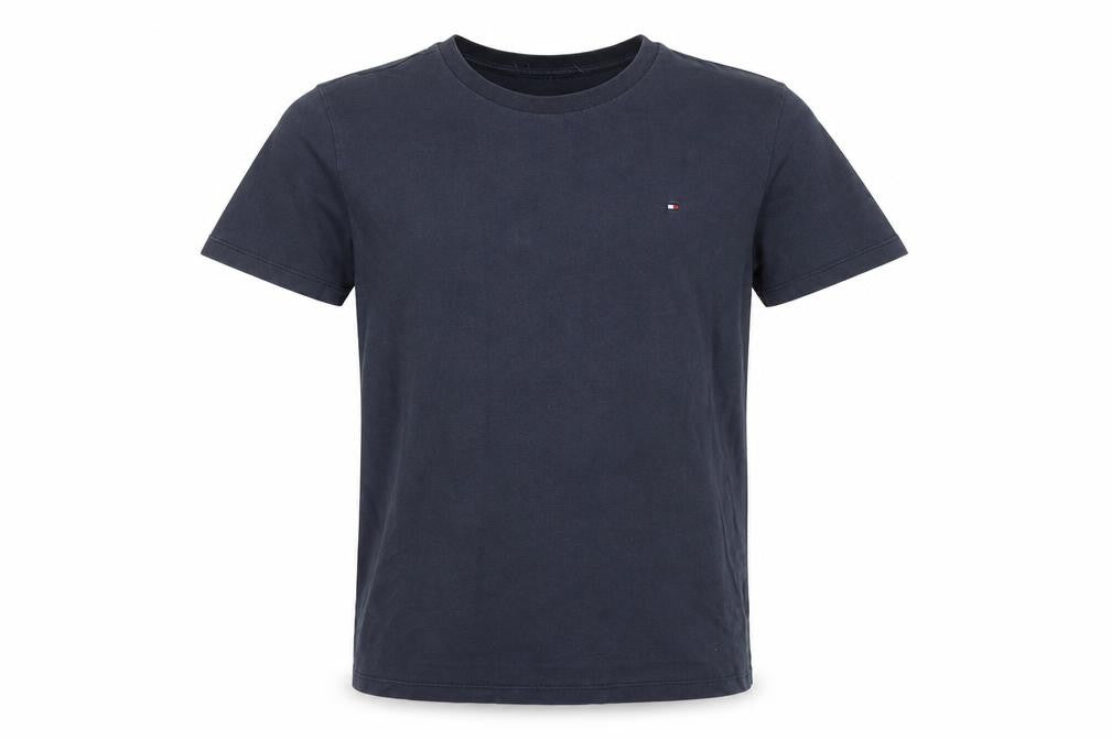 Front view of Tommy Hilfiger boys’ blue t-shirt, size 12, years, logo accent
